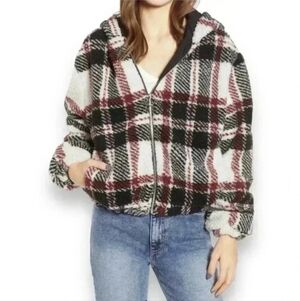 Thread & Supply Plaid Hooded Zip Up Fleece Jacket size Large Cozy Lofty Fabric